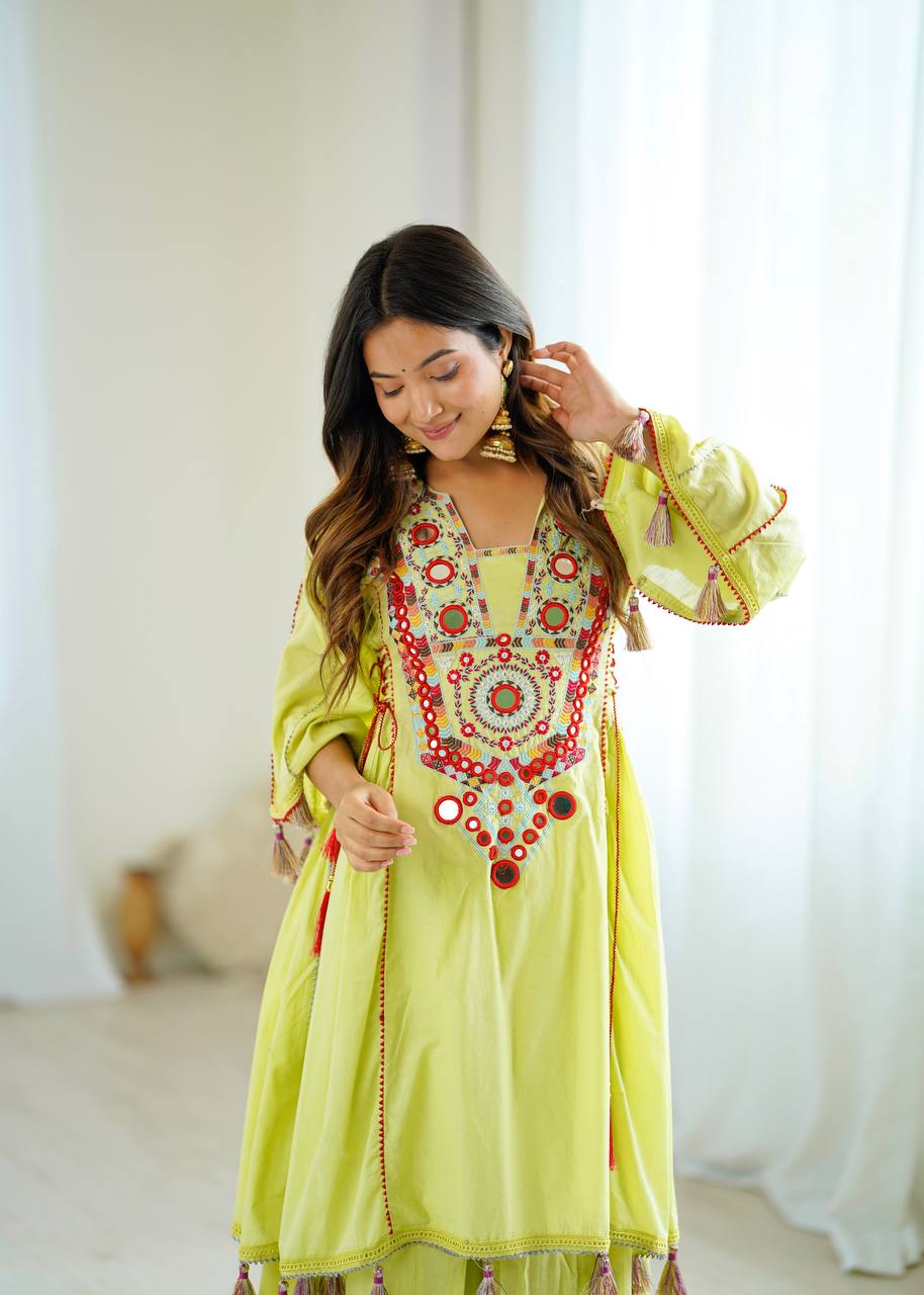 Beautiful Navratri Special White Designer Pure Khadi Cotton Embroidery sequence work Kurta With Plazzo Set