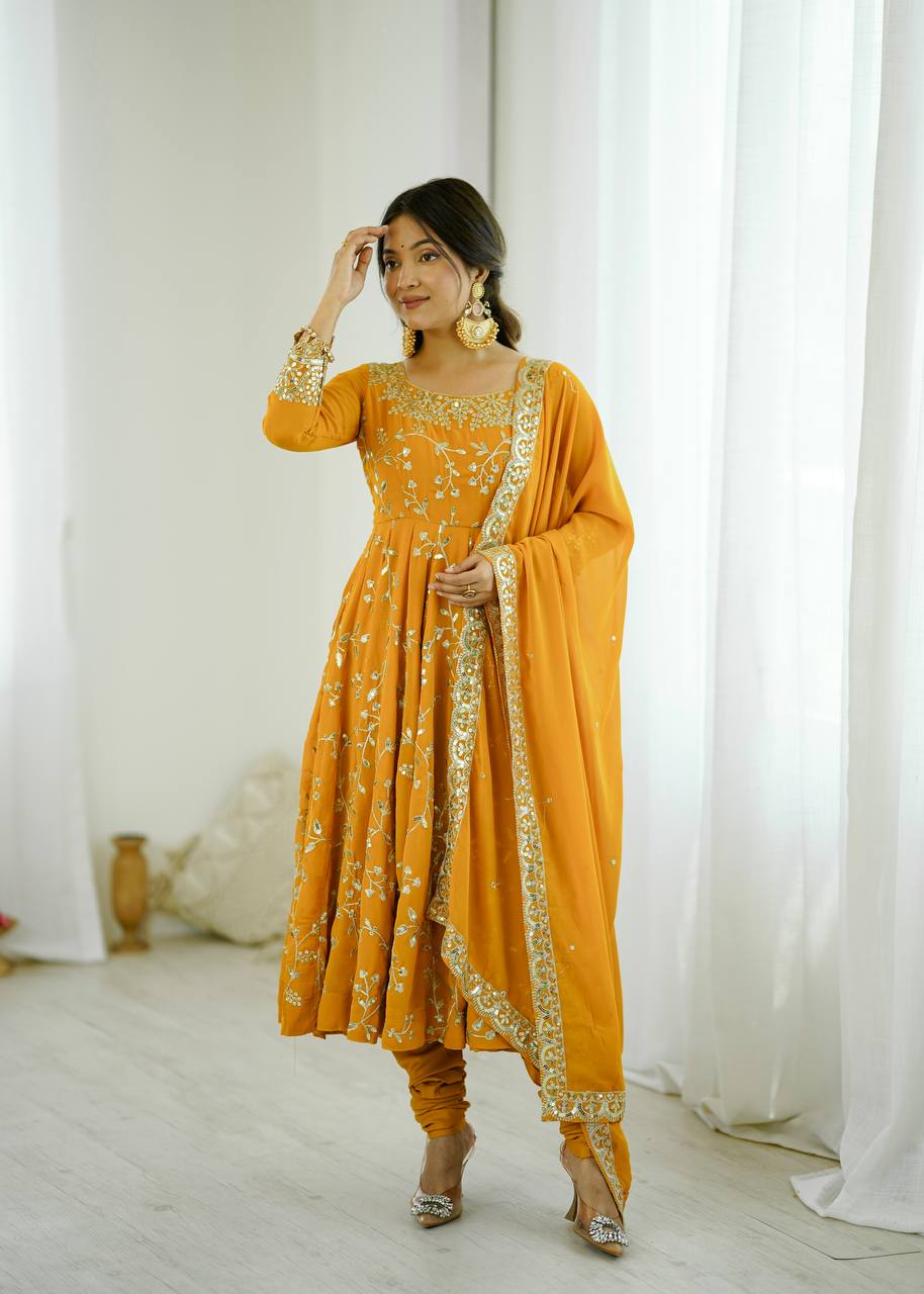 Designer Faux Georgette Embroidered Anarkali Set