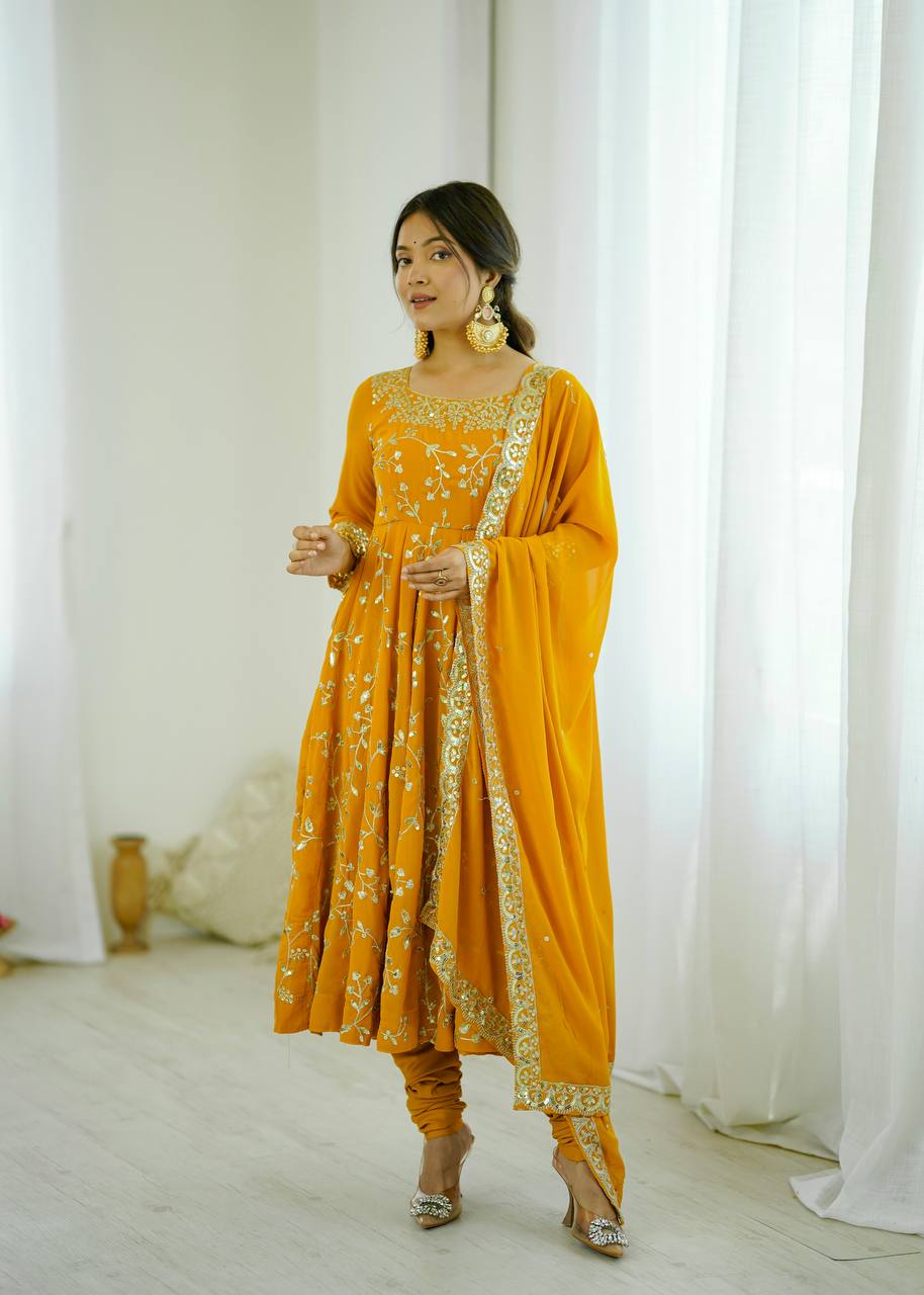 Designer Faux Georgette Embroidered Anarkali Set