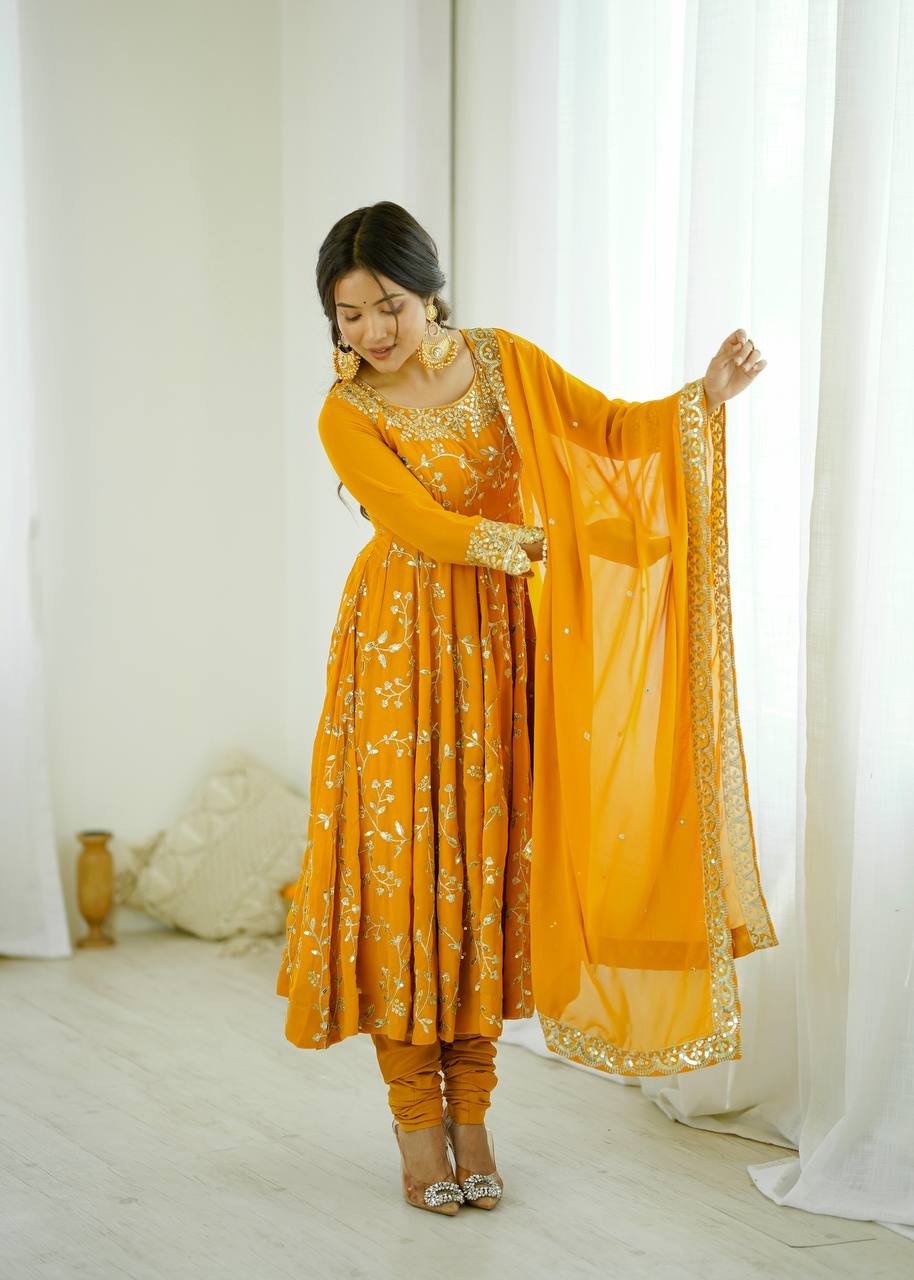 Designer Faux Georgette Embroidered Anarkali Set