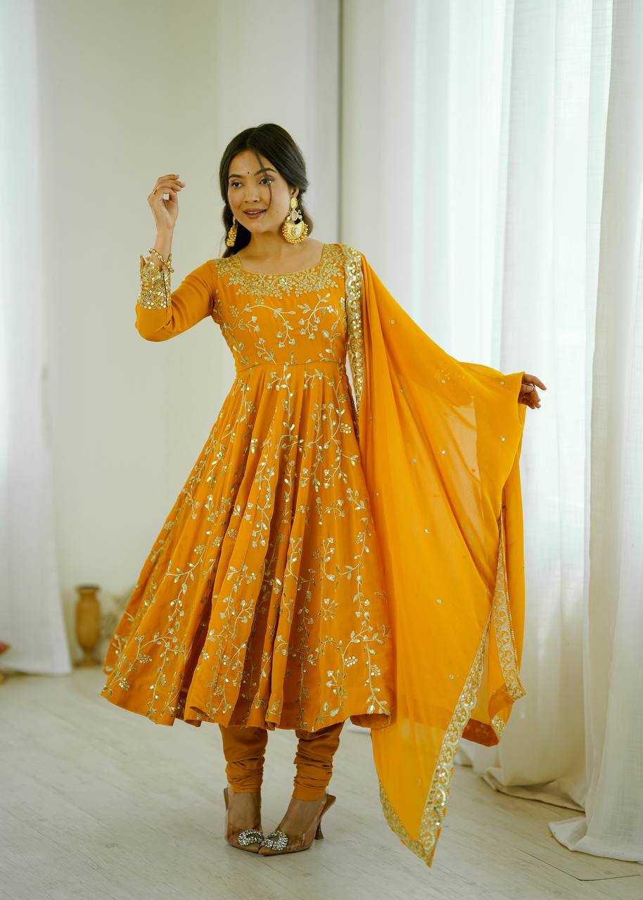 Designer Faux Georgette Embroidered Anarkali Set
