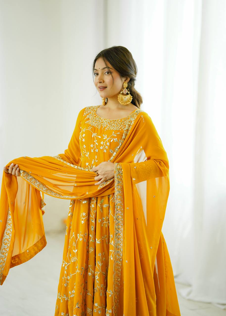 Designer Faux Georgette Embroidered Anarkali Set