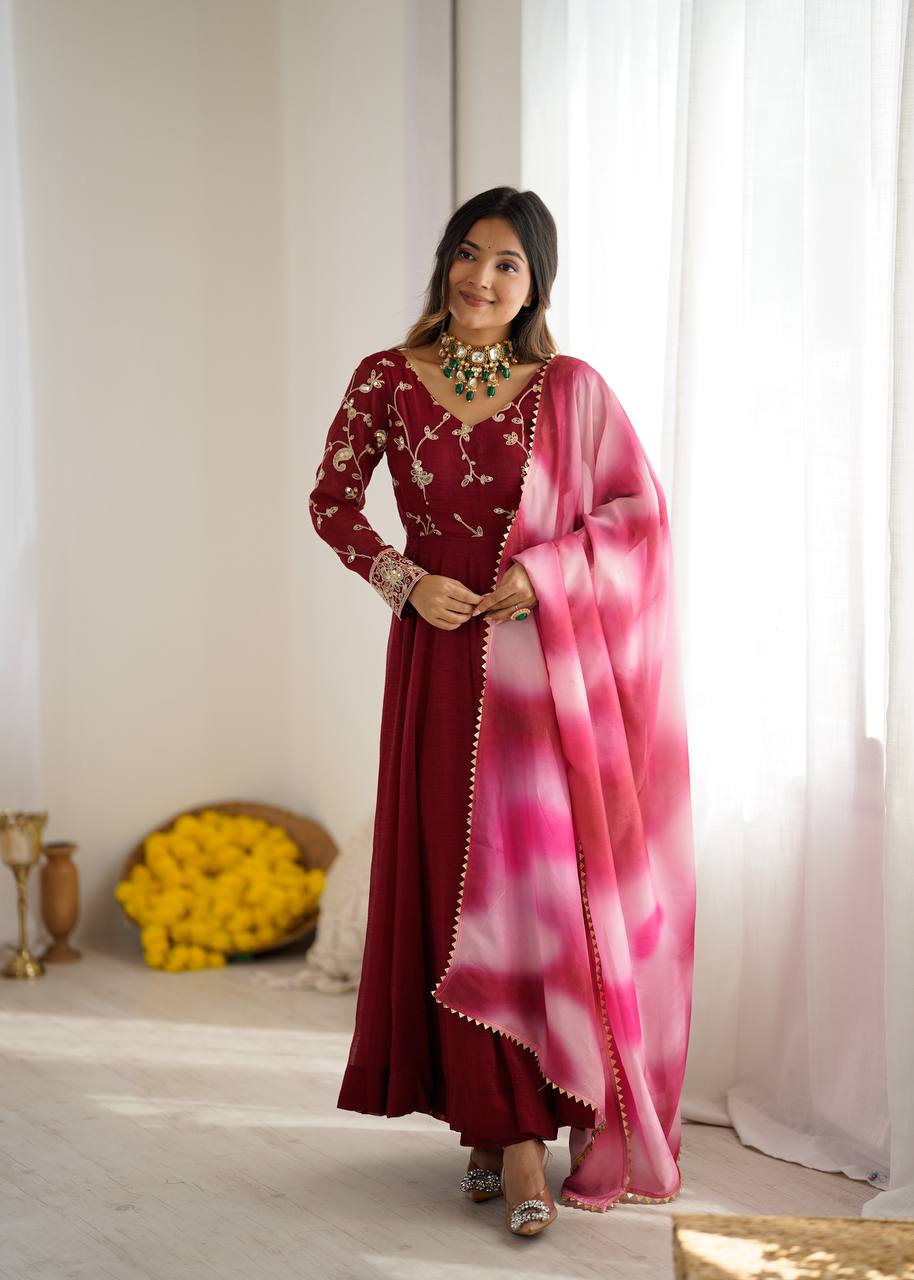 New Designer Premium  Heavy Crunchy Silk with Embroidery &amp; Sequence Work Anarkali Gown