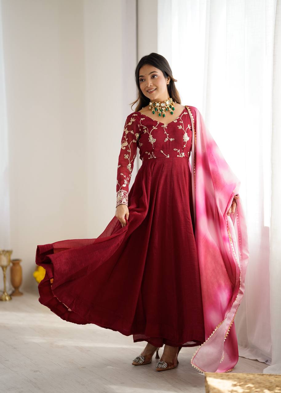 New Designer Premium  Heavy Crunchy Silk with Embroidery &amp; Sequence Work Anarkali Gown