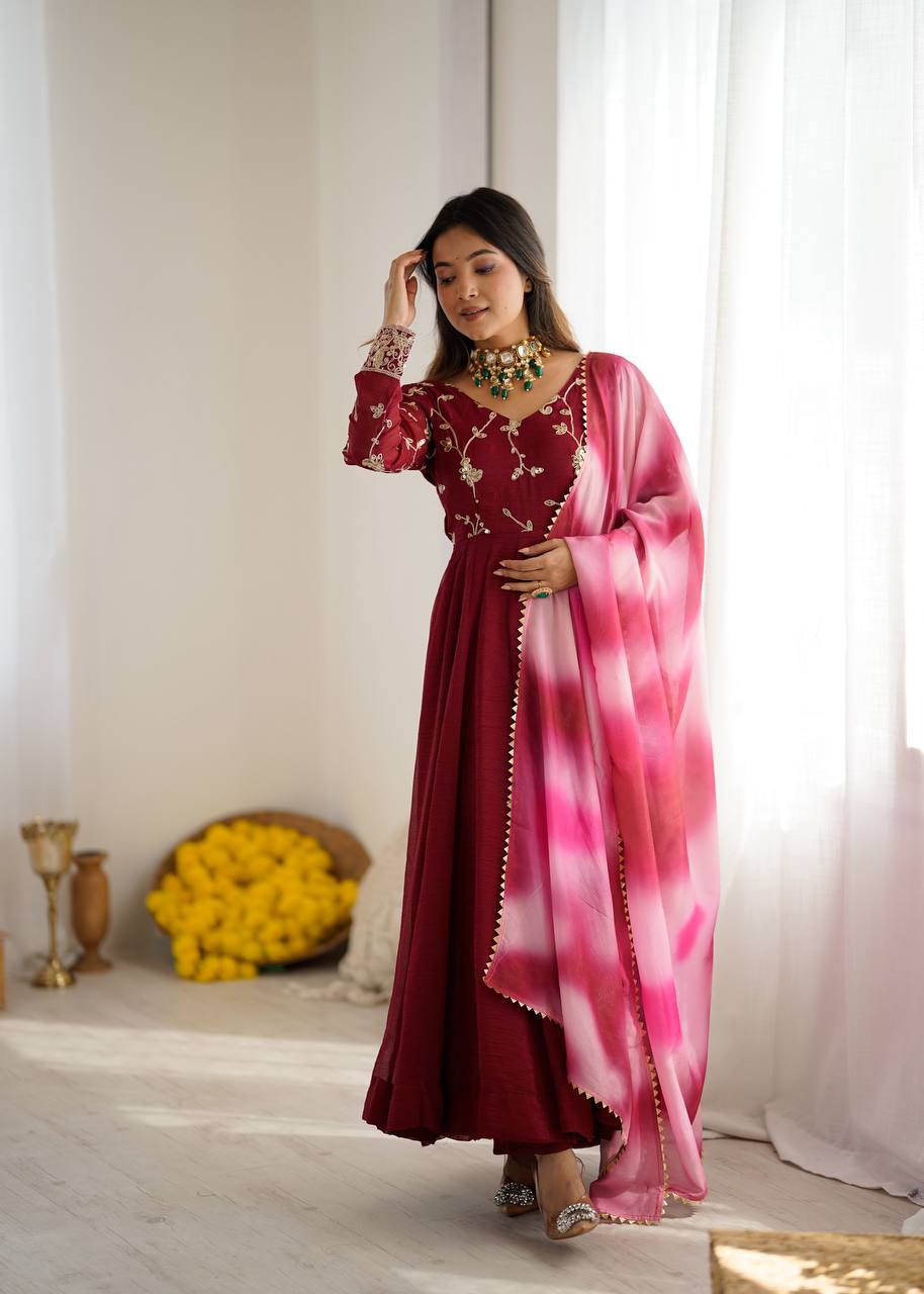 New Designer Premium  Heavy Crunchy Silk with Embroidery &amp; Sequence Work Anarkali Gown