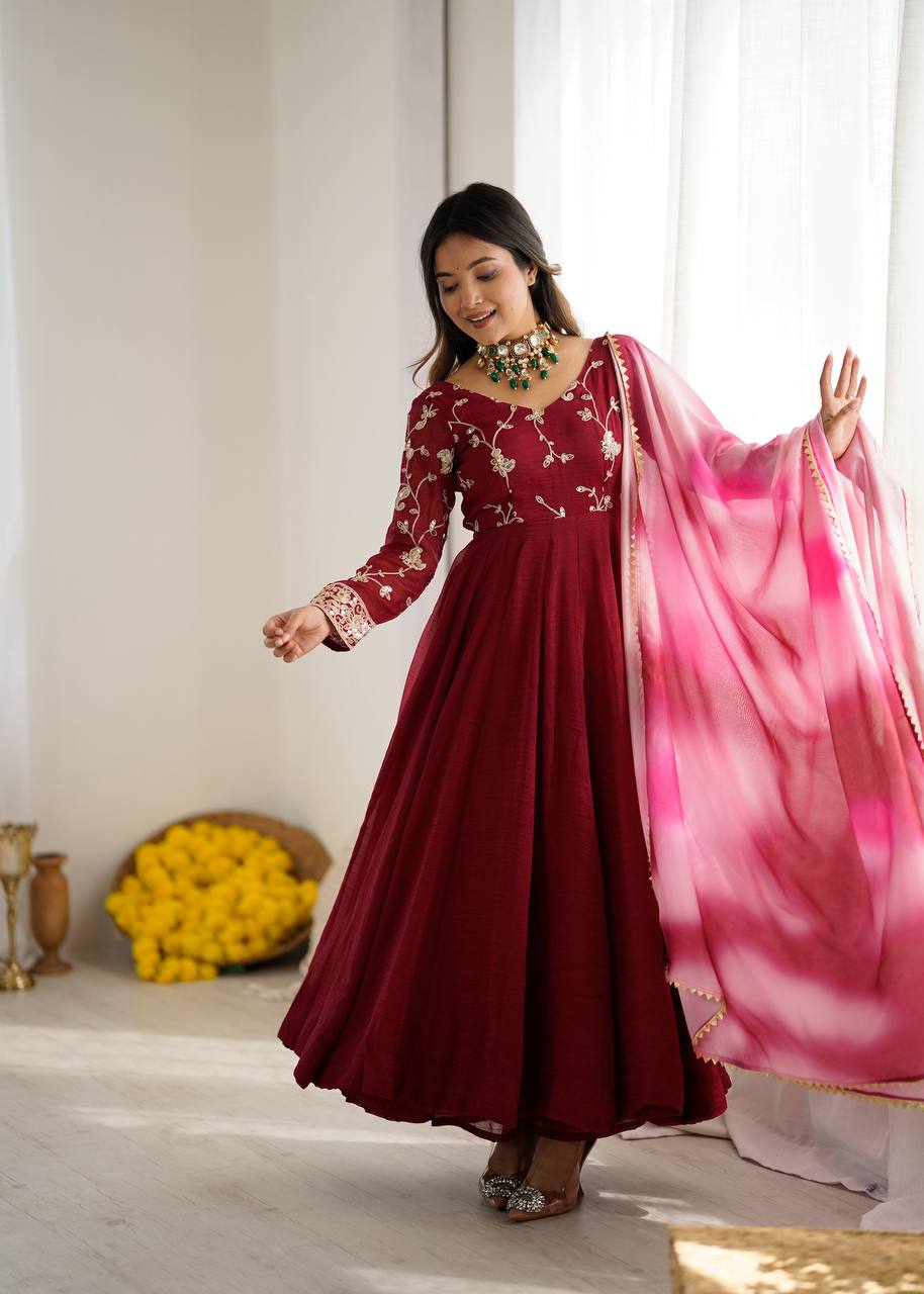 New Designer Premium  Heavy Crunchy Silk with Embroidery &amp; Sequence Work Anarkali Gown