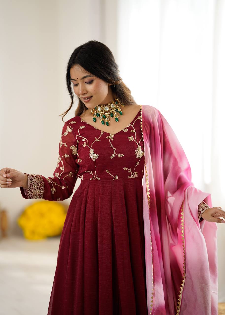 New Designer Premium  Heavy Crunchy Silk with Embroidery &amp; Sequence Work Anarkali Gown