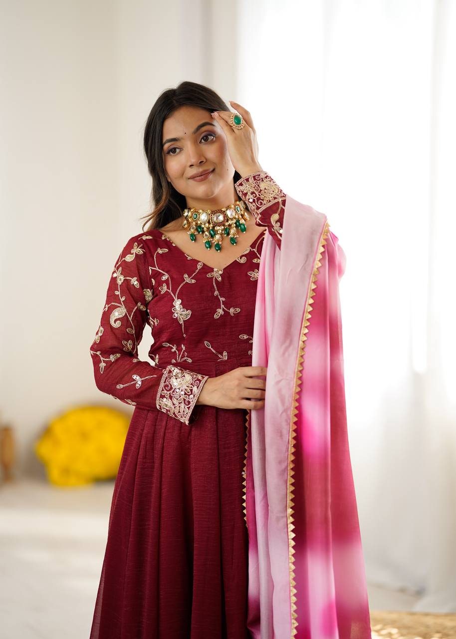 New Designer Premium  Heavy Crunchy Silk with Embroidery &amp; Sequence Work Anarkali Gown