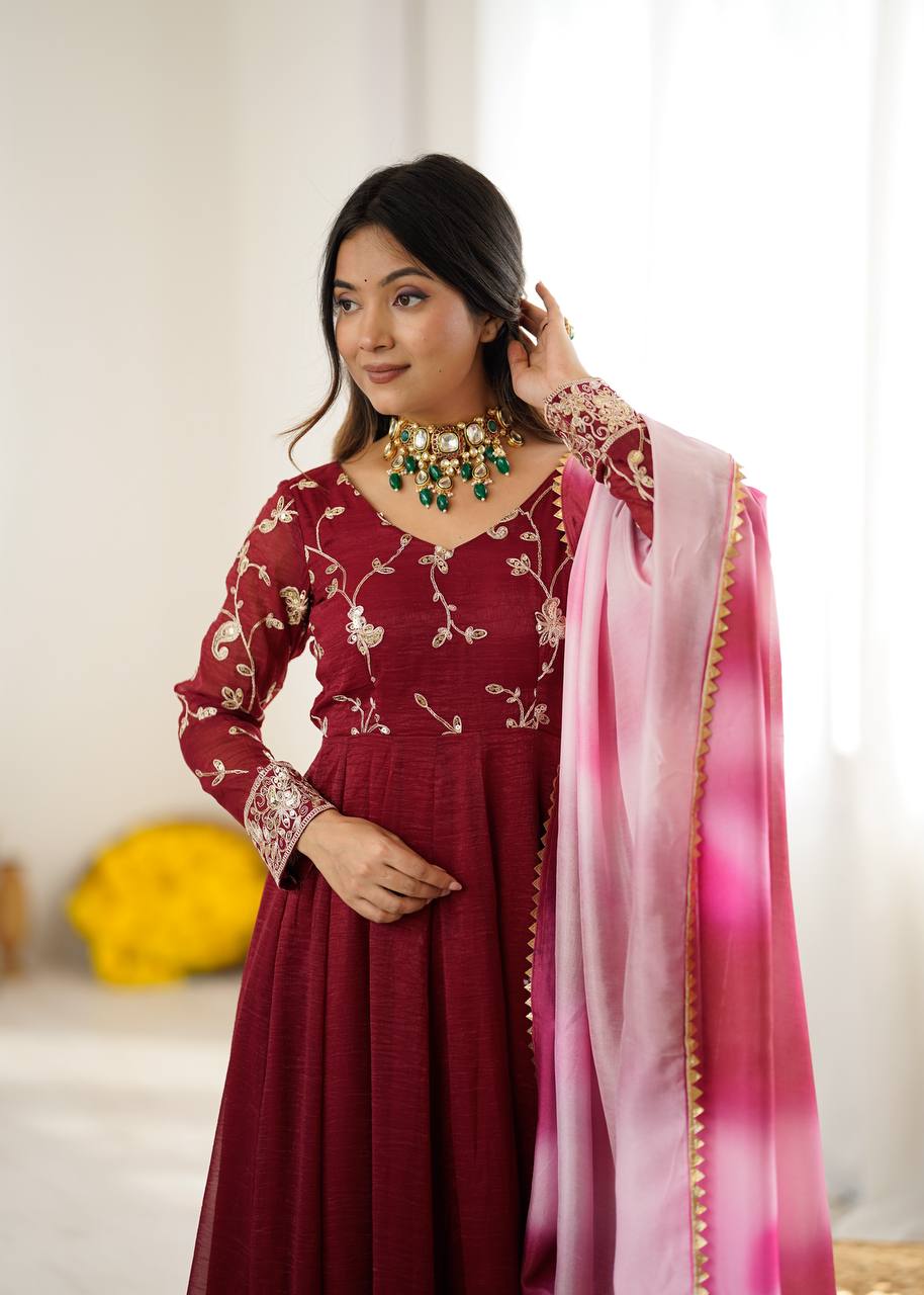 New Designer Premium  Heavy Crunchy Silk with Embroidery &amp; Sequence Work Anarkali Gown