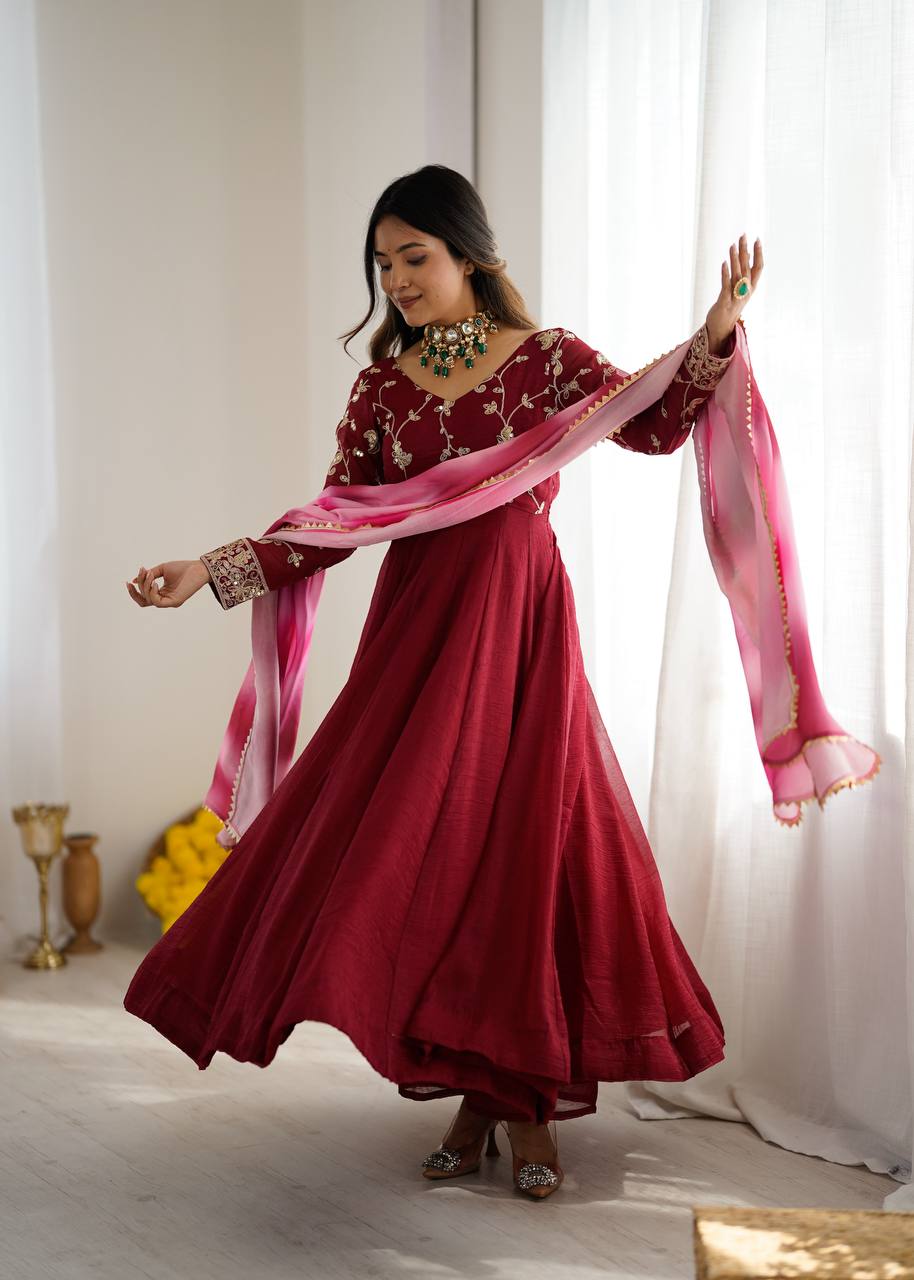 New Designer Premium  Heavy Crunchy Silk with Embroidery &amp; Sequence Work Anarkali Gown