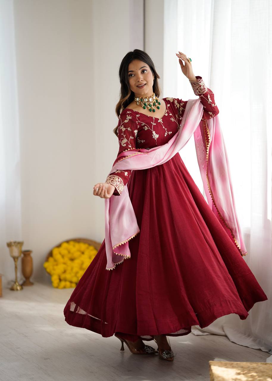 New Designer Premium  Heavy Crunchy Silk with Embroidery &amp; Sequence Work Anarkali Gown