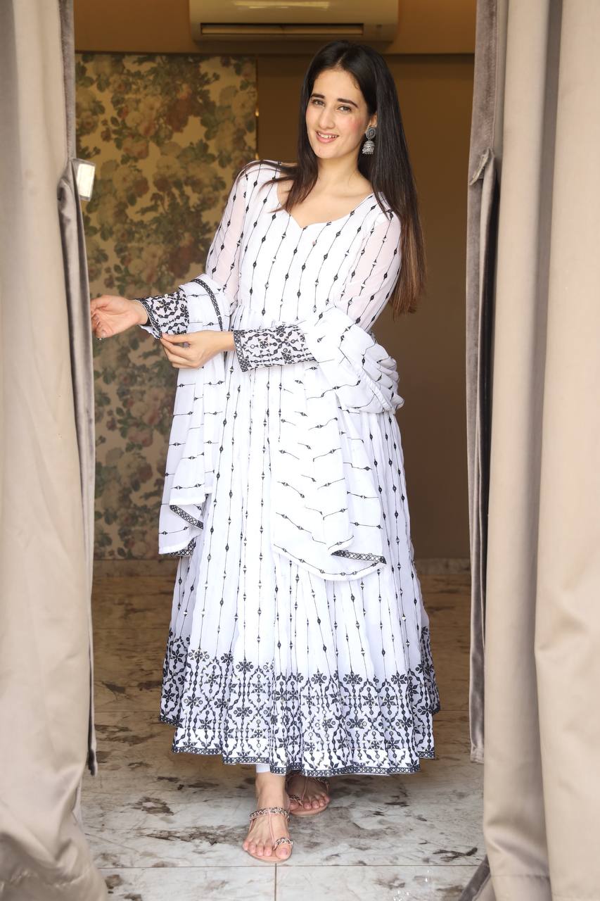 Premium Ready-Made Anarkali Suit Set [3 Pieces] – White