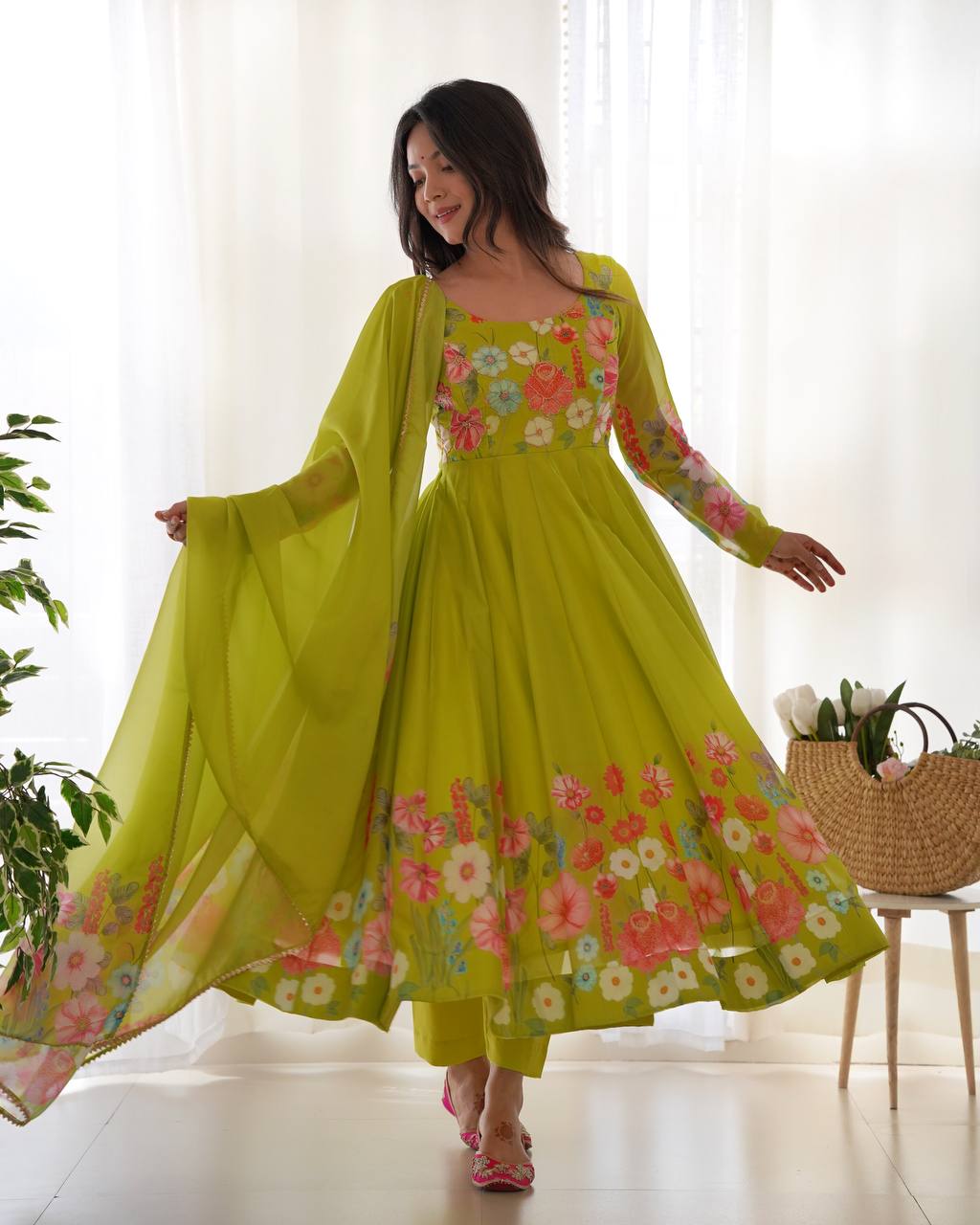 Parrot Green Color Organza Silk Kurta  with Handwork Anarkali Suit
