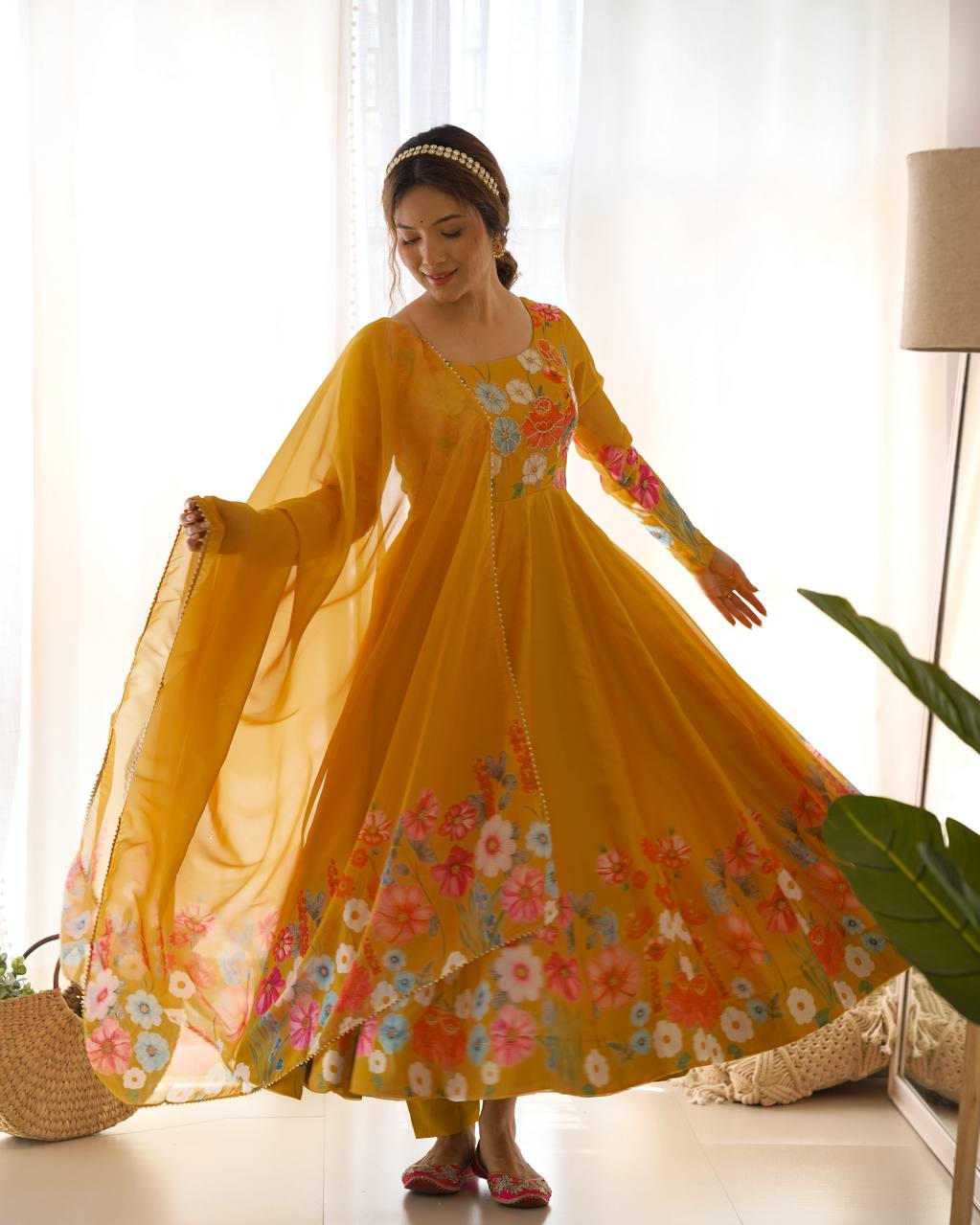 Yellow Color Organza Silk Anarkali Suit