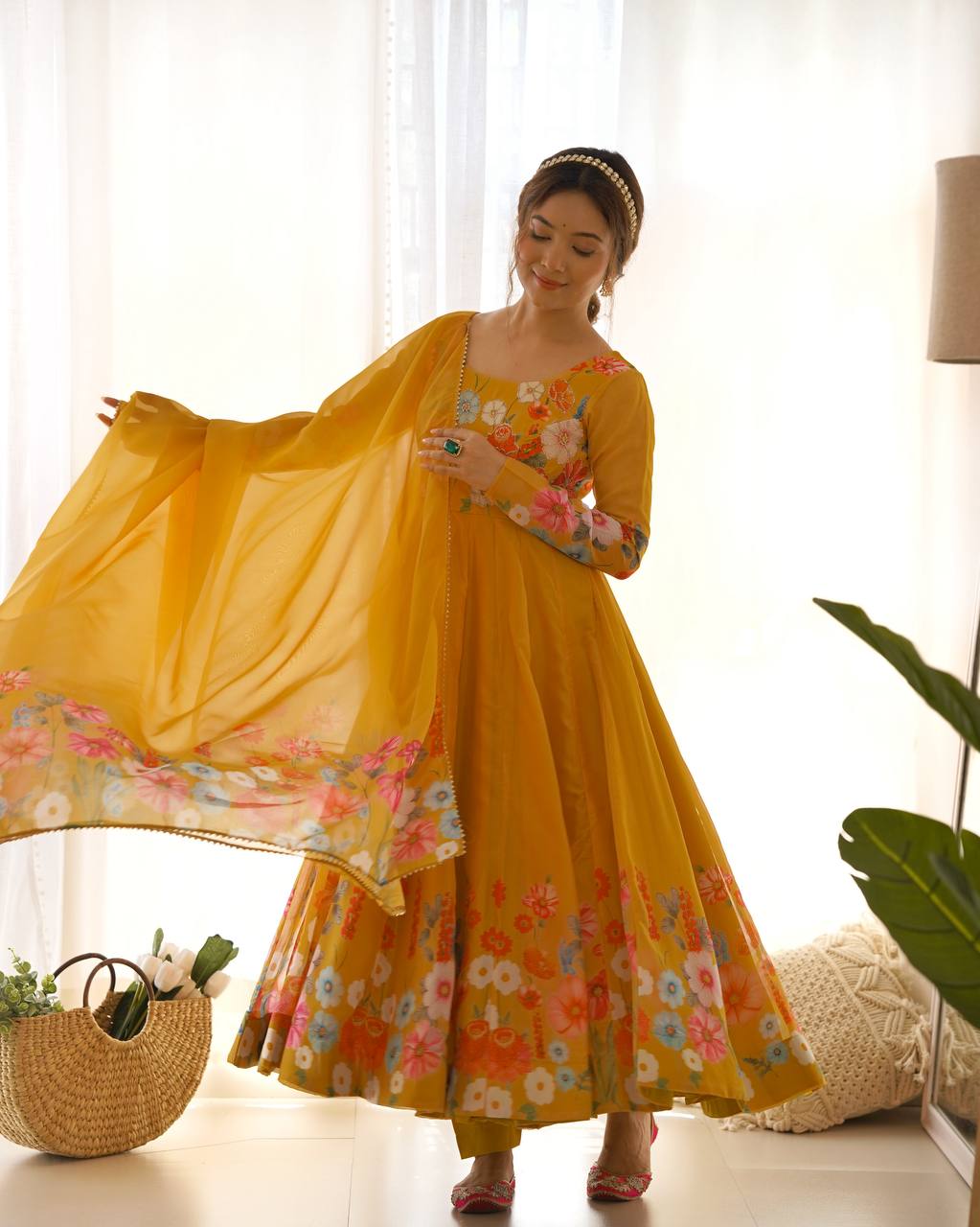 Yellow Color Organza Silk Anarkali Suit