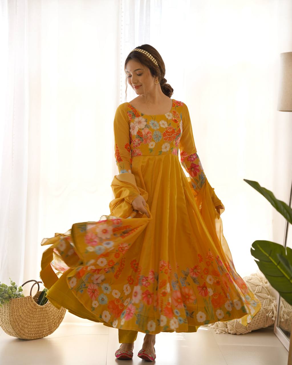 Yellow Color Organza Silk Anarkali Suit