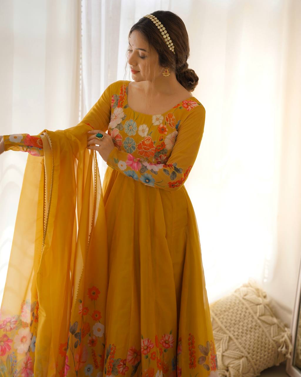Yellow Color Organza Silk Anarkali Suit