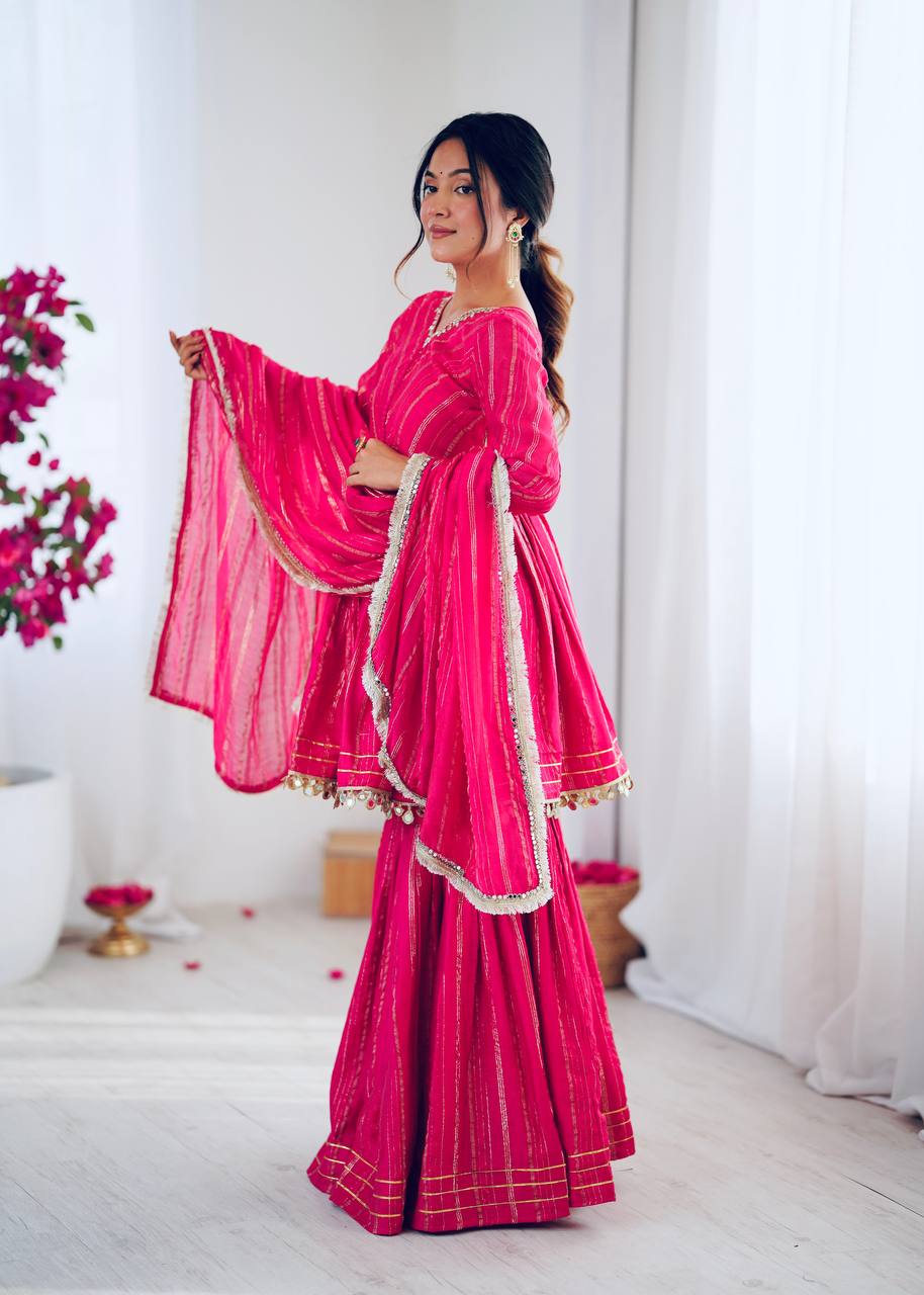 Mal Chanderi Sharara Set with Real Mirror Handwork & Dupatta – Fully Stitched