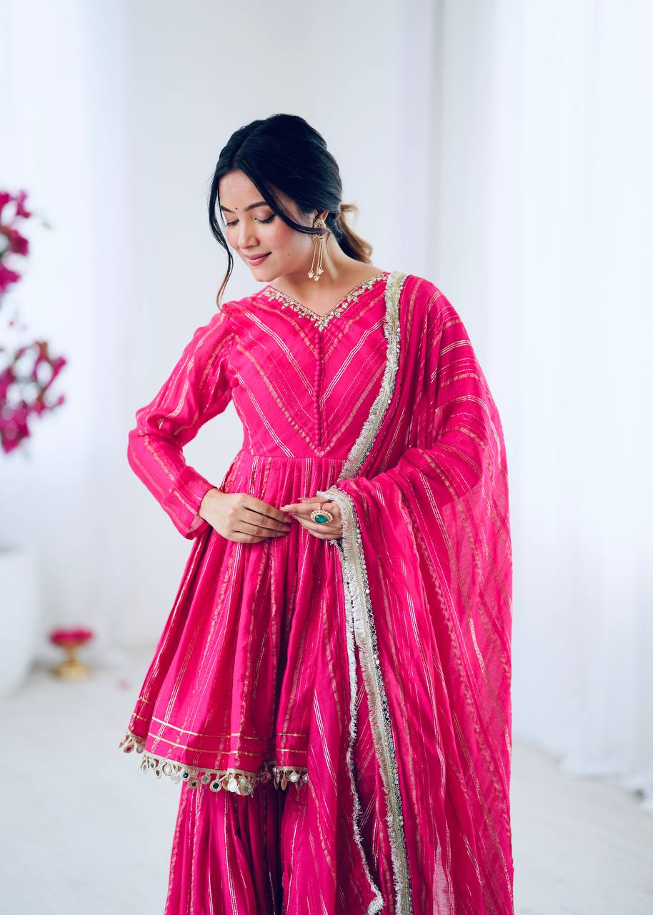 Mal Chanderi Sharara Set with Real Mirror Handwork & Dupatta – Fully Stitched