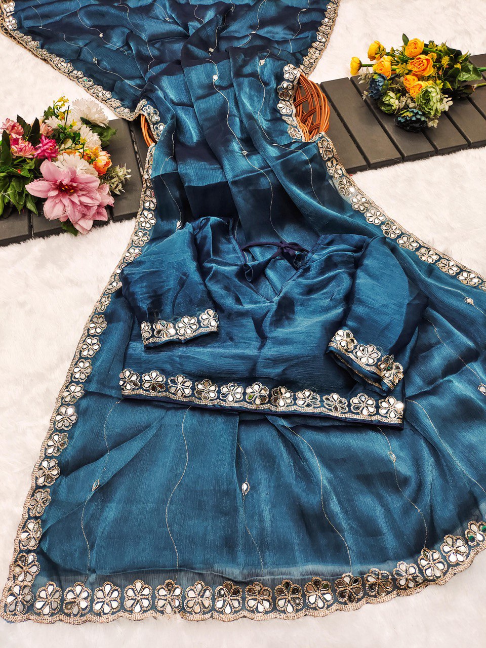 New Party Look Soft Burberry Silk embroidery and real mirror handwork Saree