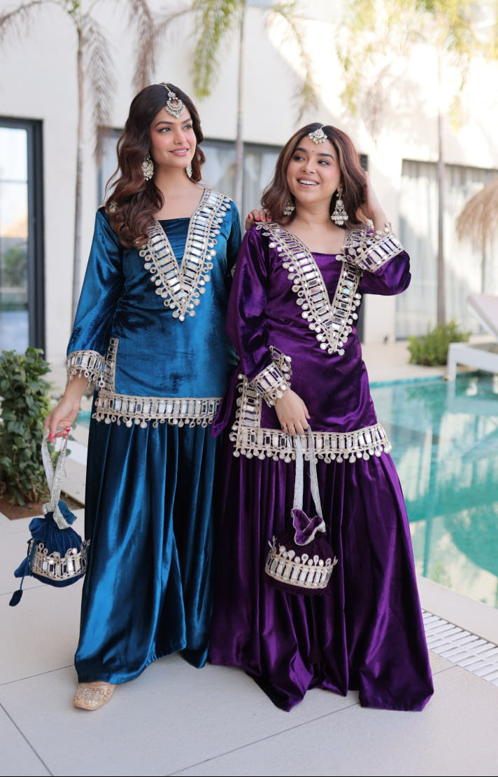 Shakira Luxury Blue & Purple Velvet Sharara Set with Zari & Mirror Work