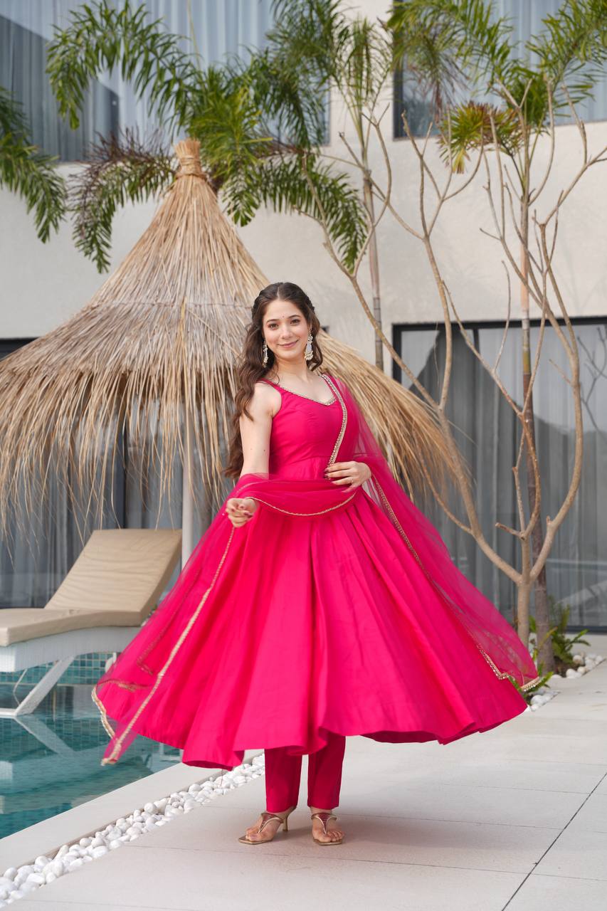 Pink Color Roman Silk Chanderi  with Mirror Lace Anarkali Suit With Dupatta