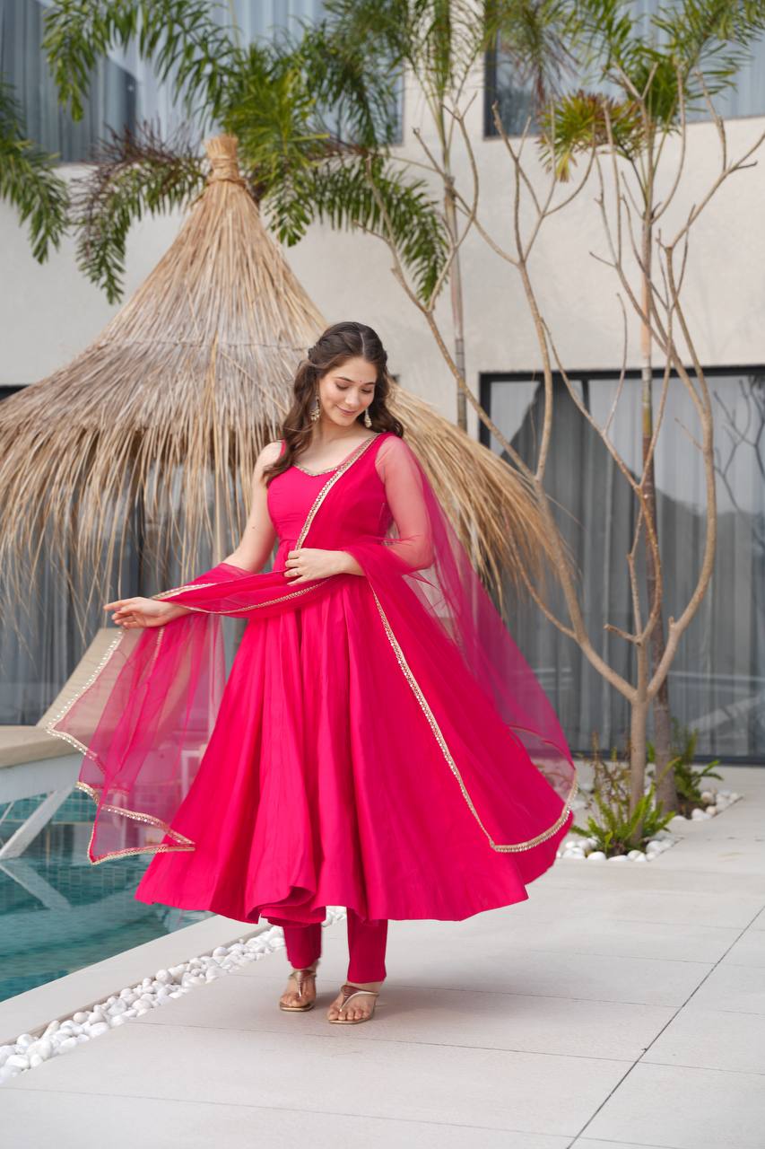 Pink Color Roman Silk Chanderi  with Mirror Lace Anarkali Suit With Dupatta