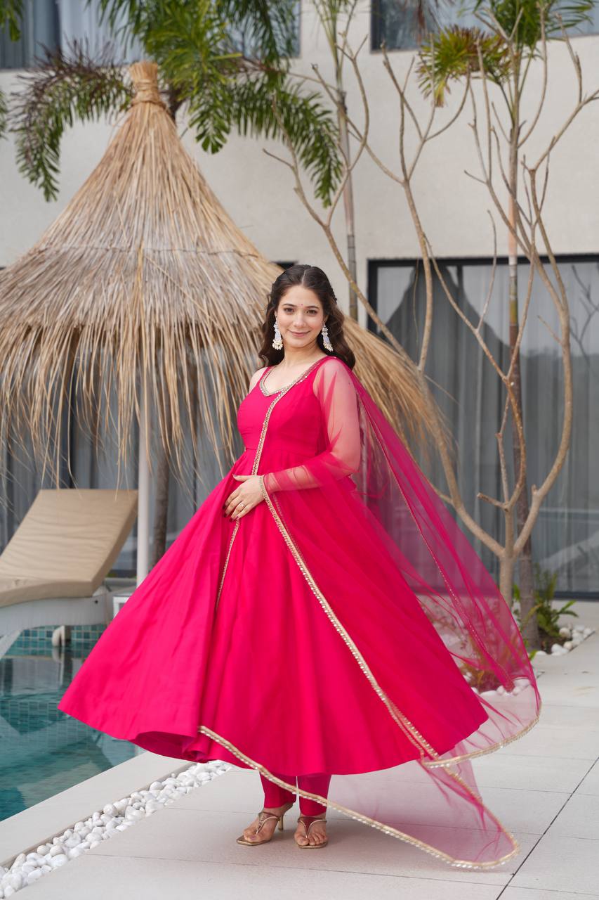 Pink Color Roman Silk Chanderi  with Mirror Lace Anarkali Suit With Dupatta
