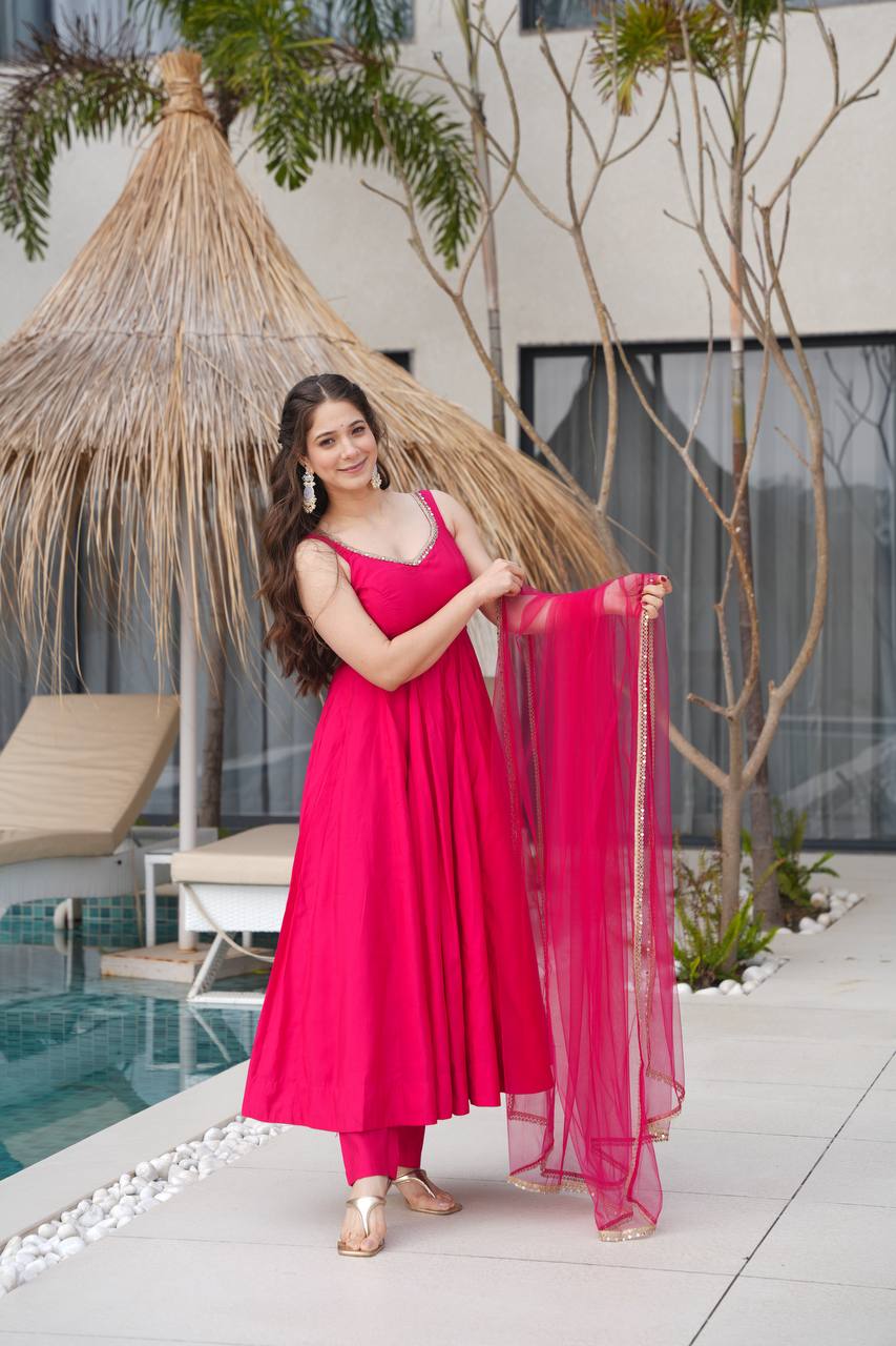 Pink Color Roman Silk Chanderi  with Mirror Lace Anarkali Suit With Dupatta