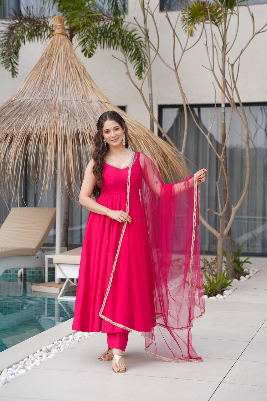 Pink Color Roman Silk Chanderi  with Mirror Lace Anarkali Suit With Dupatta