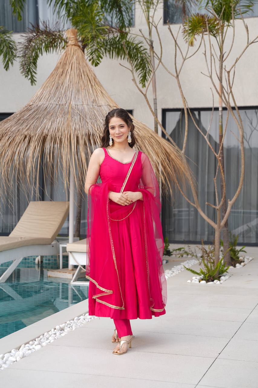 Pink Color Roman Silk Chanderi  with Mirror Lace Anarkali Suit With Dupatta
