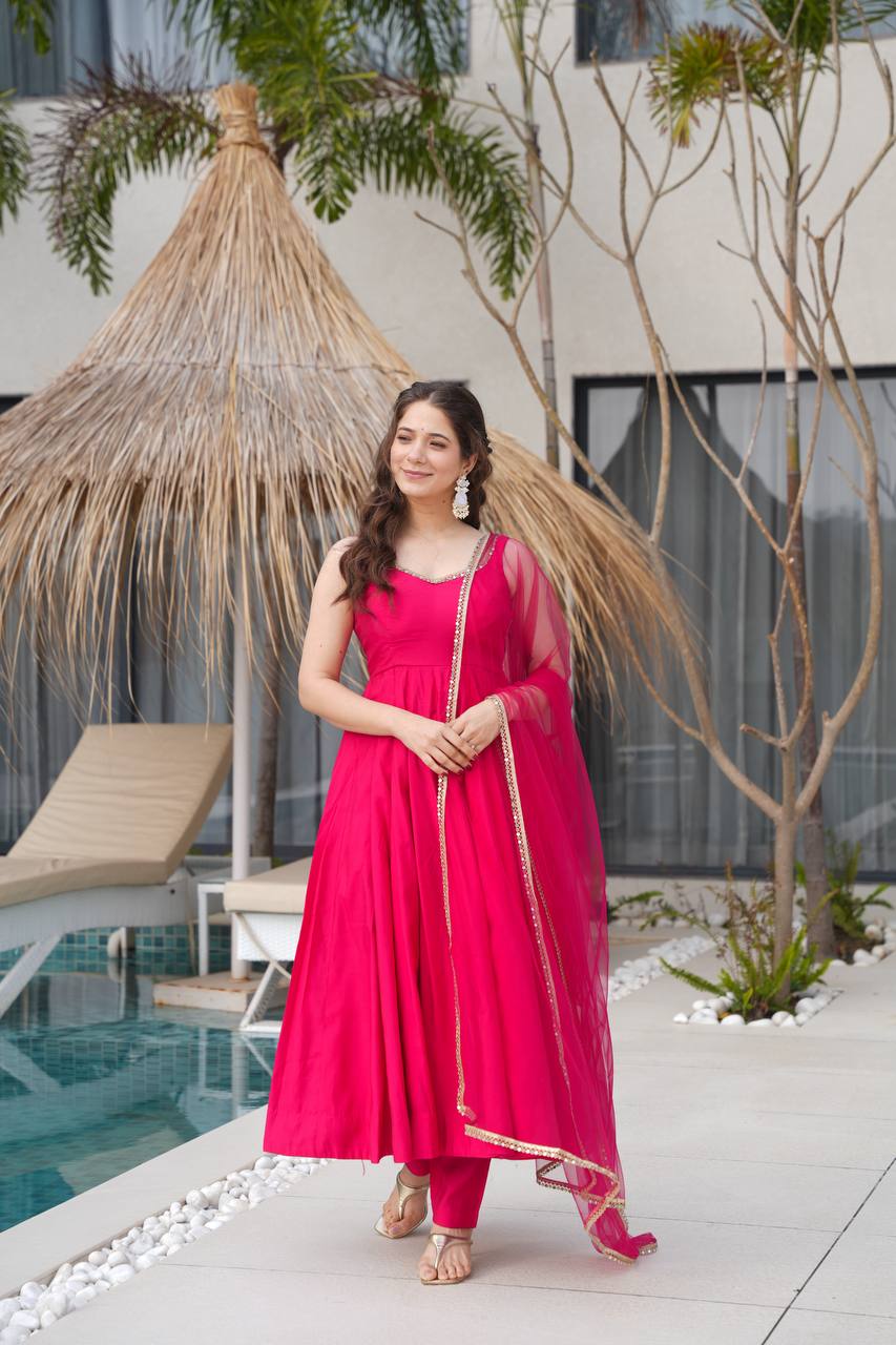 Pink Color Roman Silk Chanderi  with Mirror Lace Anarkali Suit With Dupatta