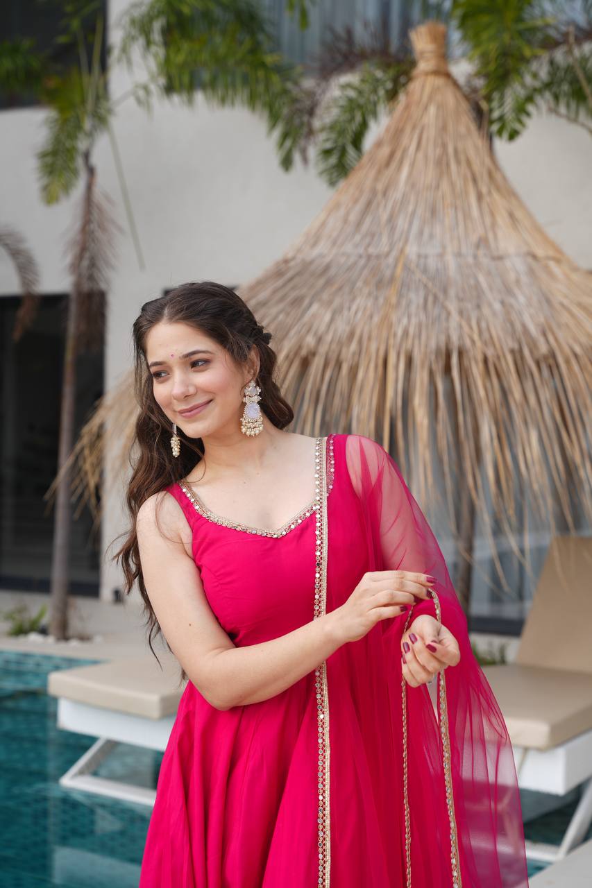 Pink Color Roman Silk Chanderi  with Mirror Lace Anarkali Suit With Dupatta