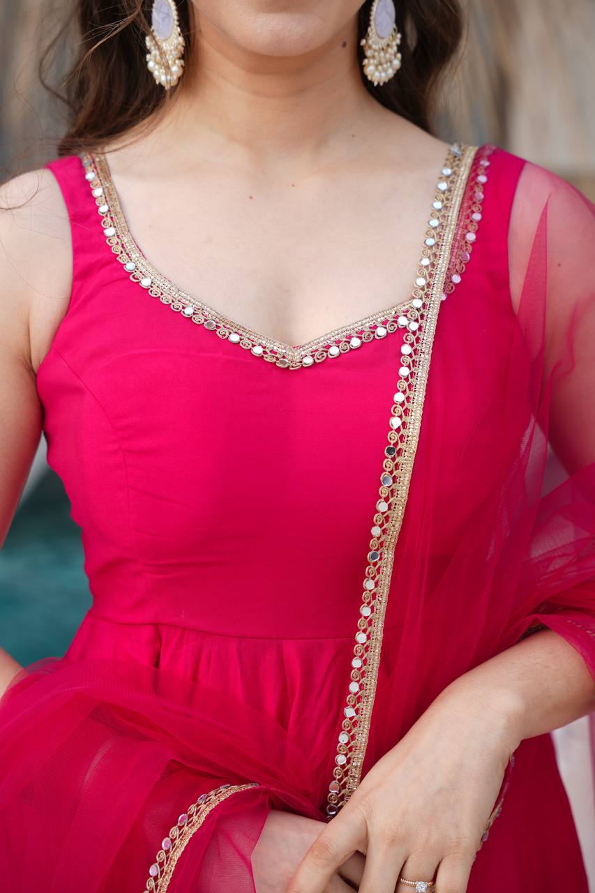 Pink Color Roman Silk Chanderi  with Mirror Lace Anarkali Suit With Dupatta
