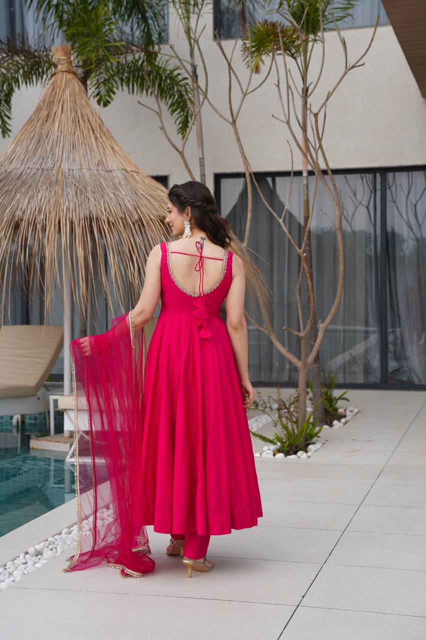 Pink Color Roman Silk Chanderi  with Mirror Lace Anarkali Suit With Dupatta