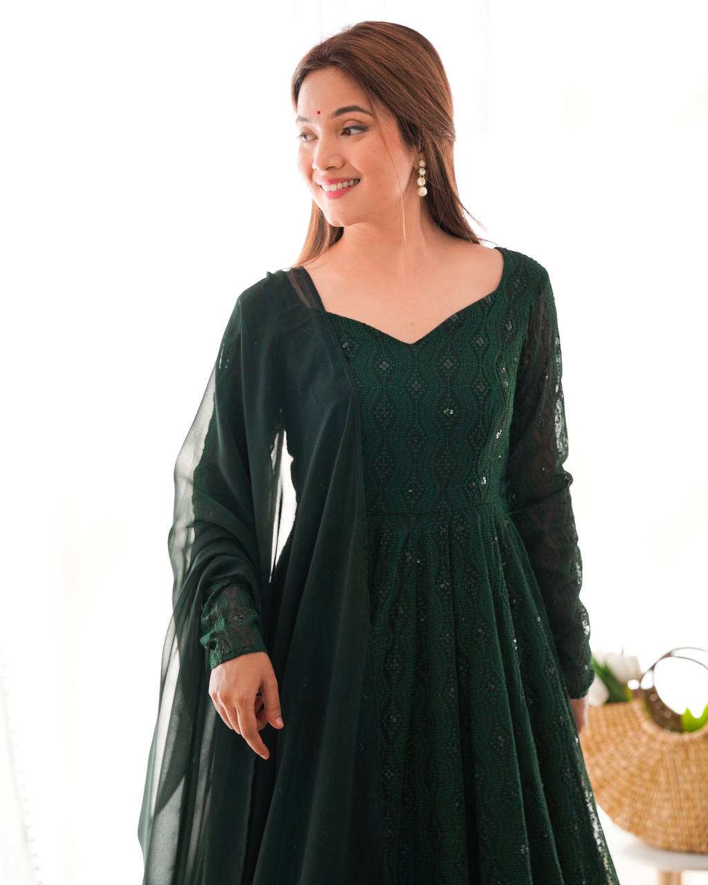 Green Color Premium Lucknowi Sequin Work Anarkali Set
