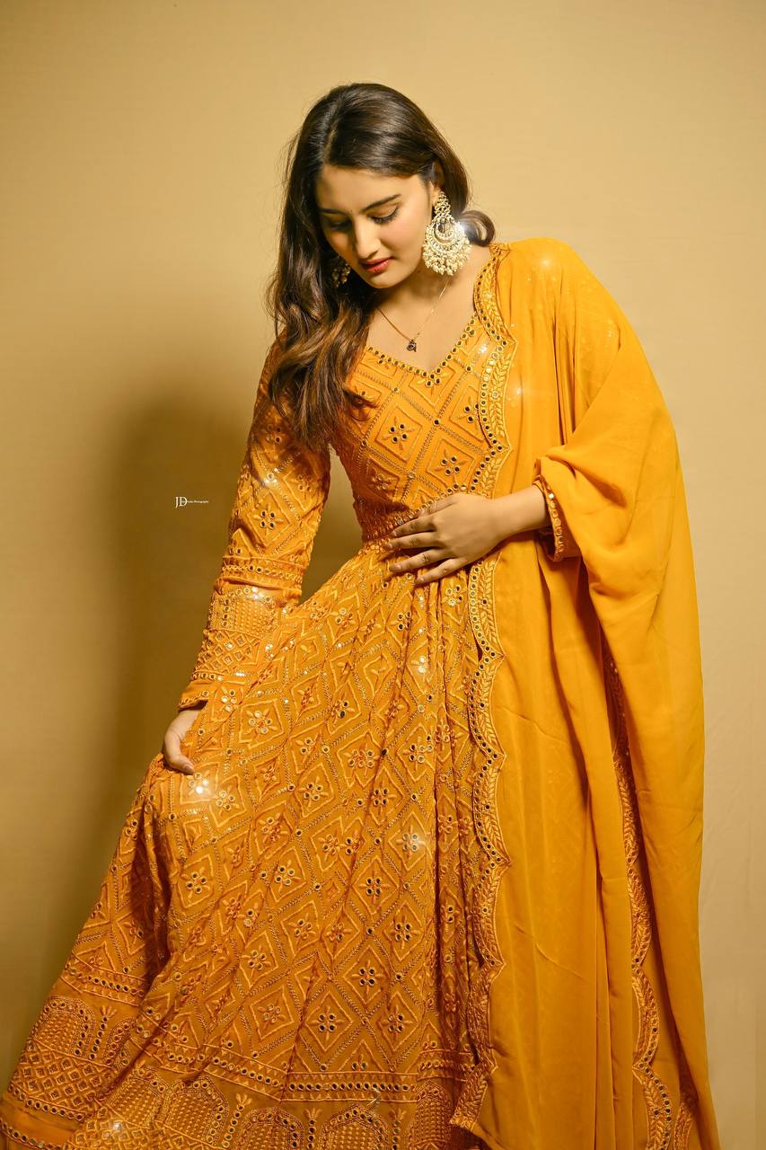 Vedika Bhanderi Premium Mustard Yellow Anarkali Suit