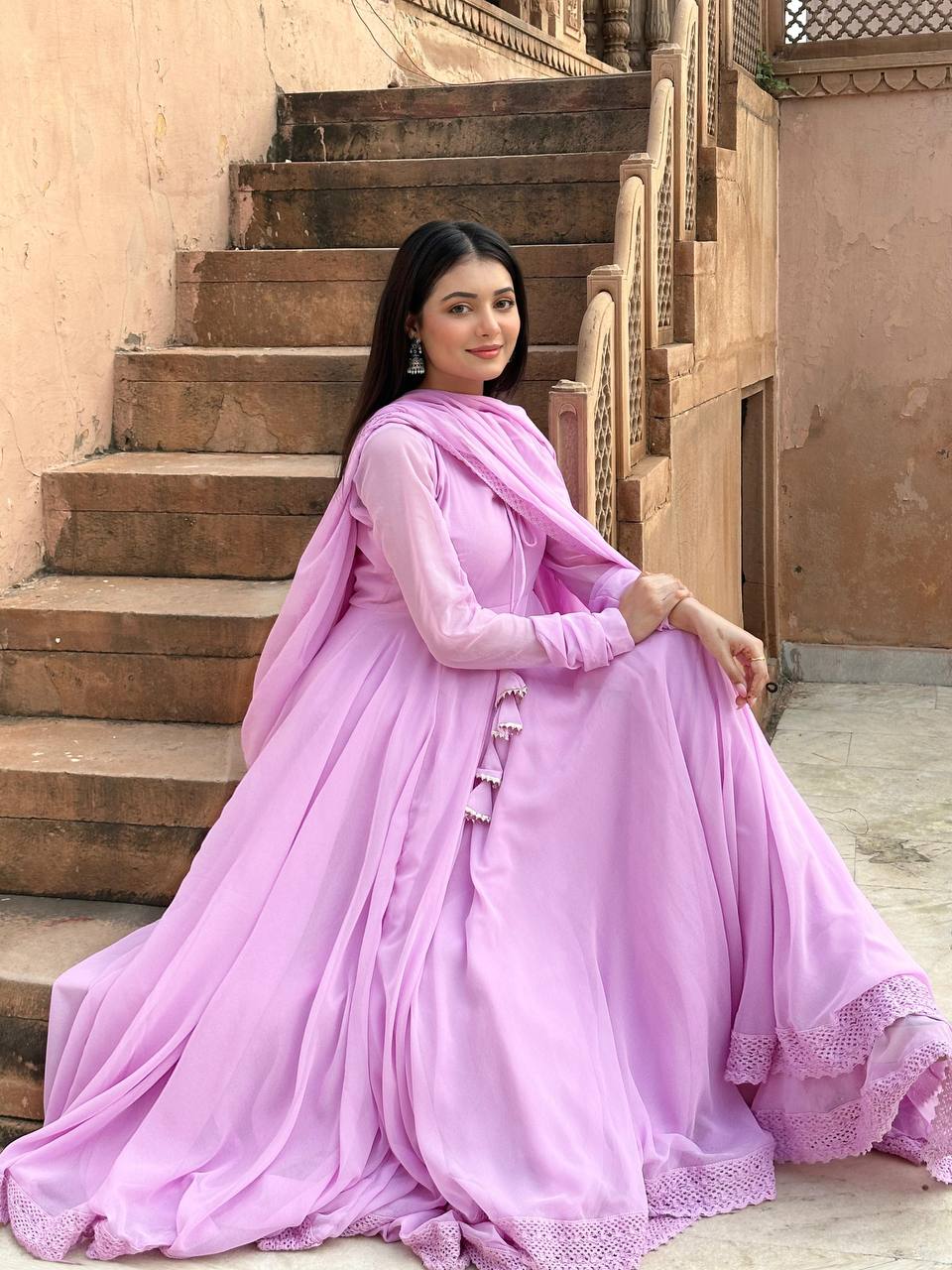 Purple Faux Blooming Double-Layer Embroidered Suit with Lace Work Dupatta