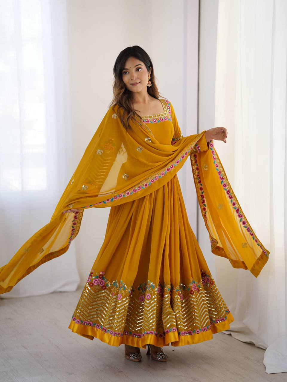 Yellow Color Heavy Designer Party Wear Look Anarkali Gown