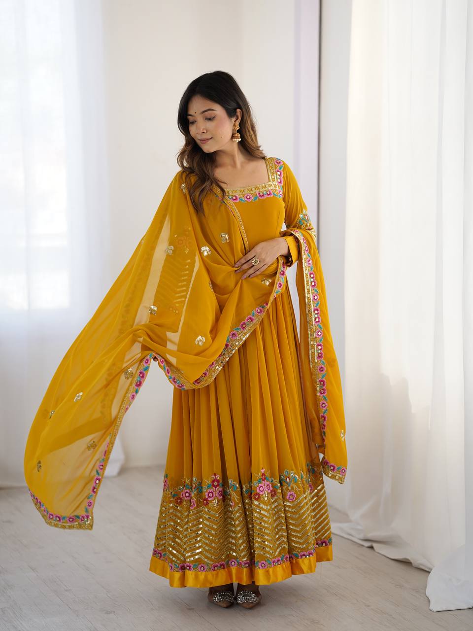 Yellow Color Heavy Designer Party Wear Look Anarkali Gown