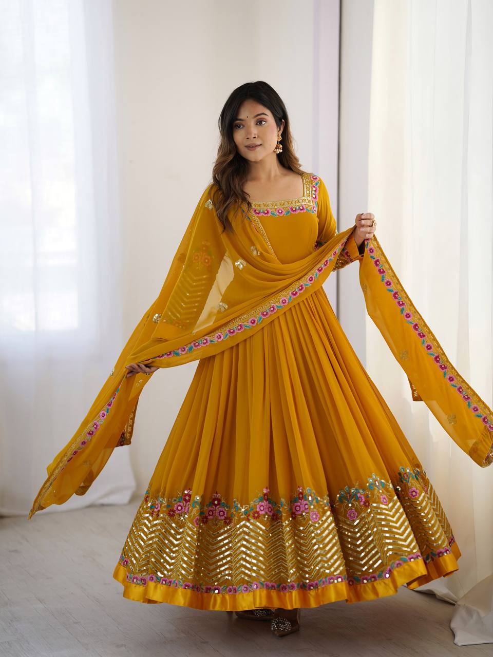Yellow Color Heavy Designer Party Wear Look Anarkali Gown