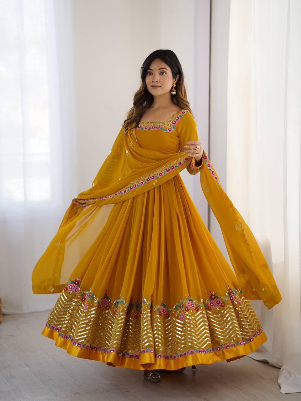 Yellow Color Heavy Designer Party Wear Look Anarkali Gown