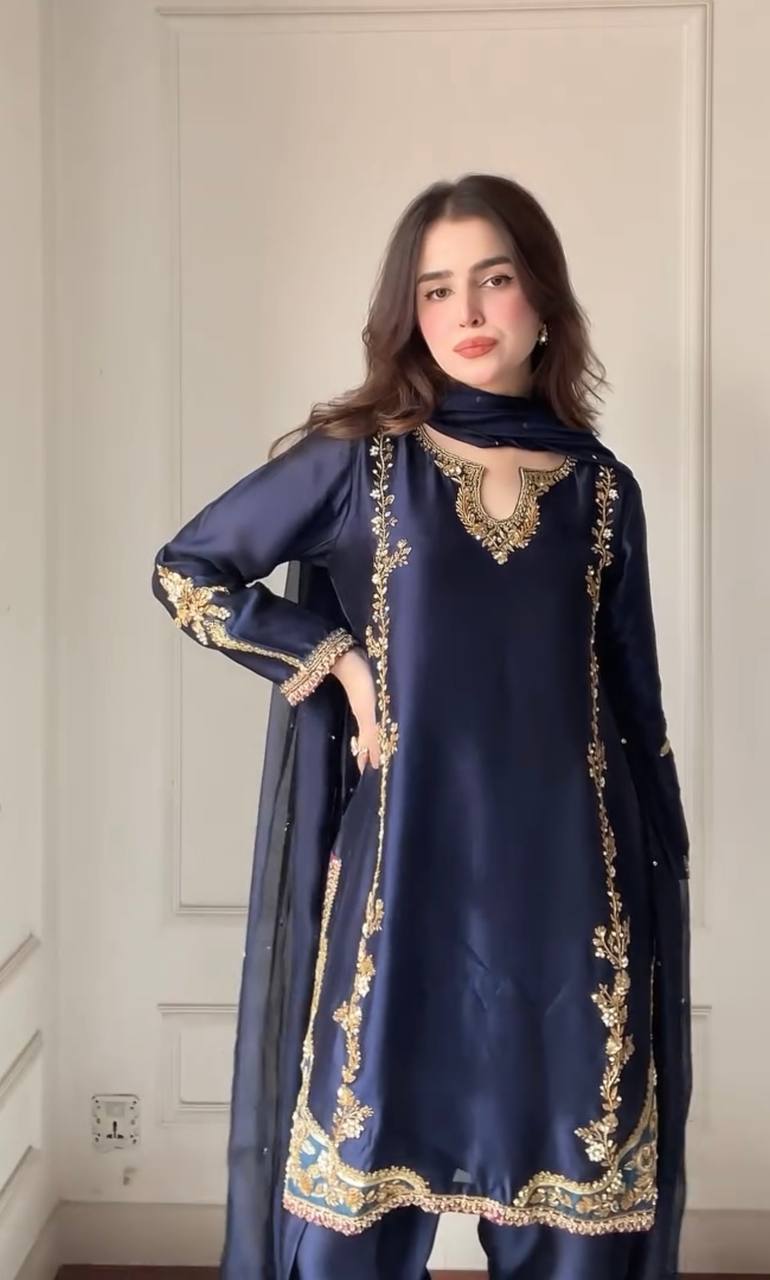 Midnight Blue Zari Embroidered Suit Set