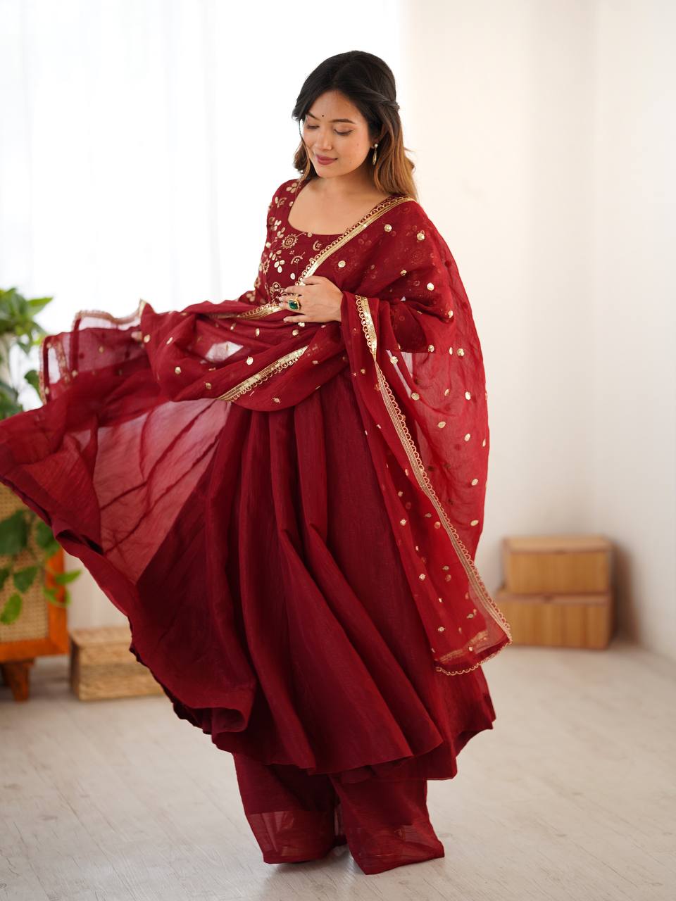 Maroon Premium Crunchy Silk with Lace Border Anarkali Kurta With Plazzo Set