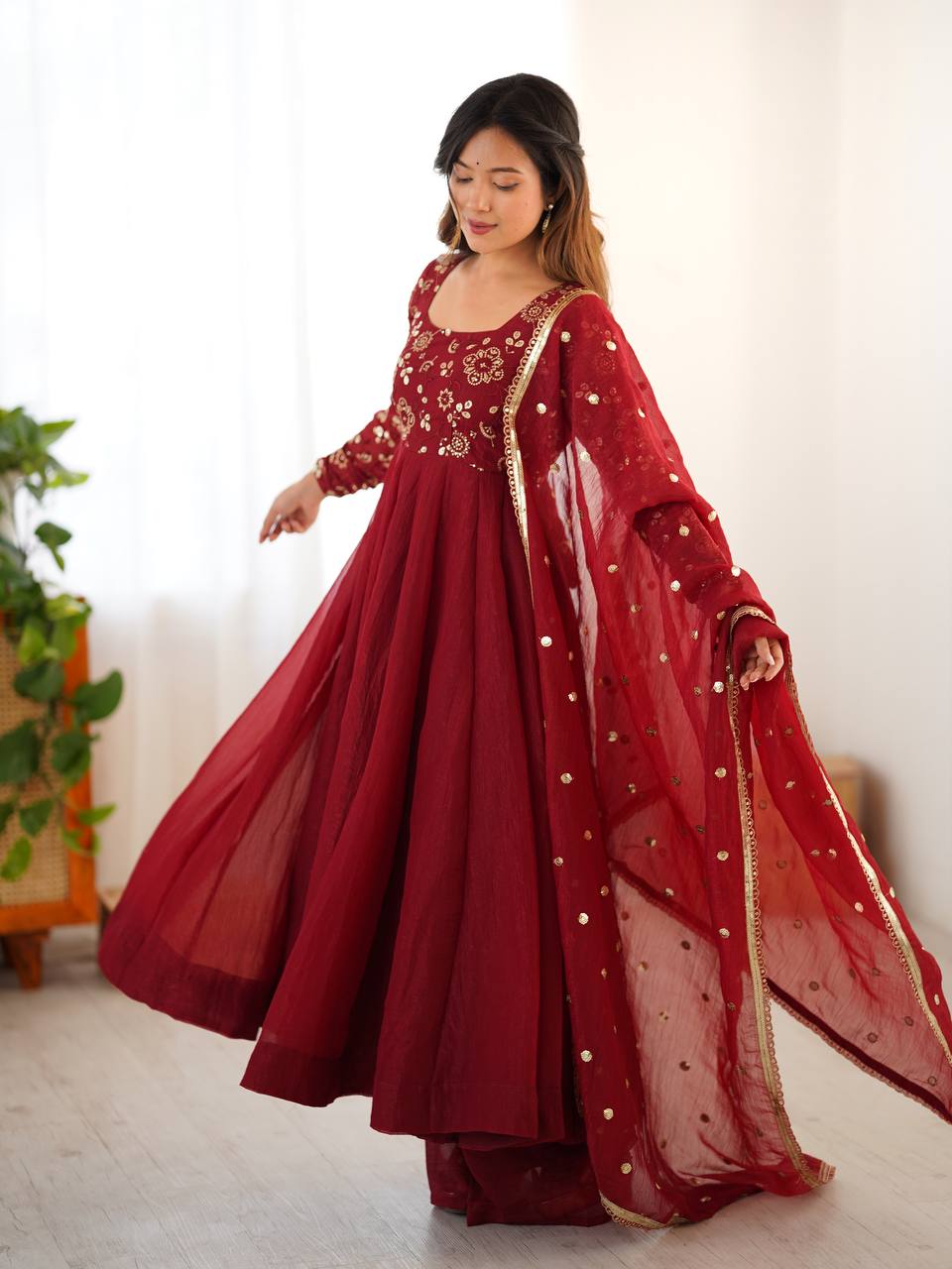 Maroon Premium Crunchy Silk with Lace Border Anarkali Kurta With Plazzo Set