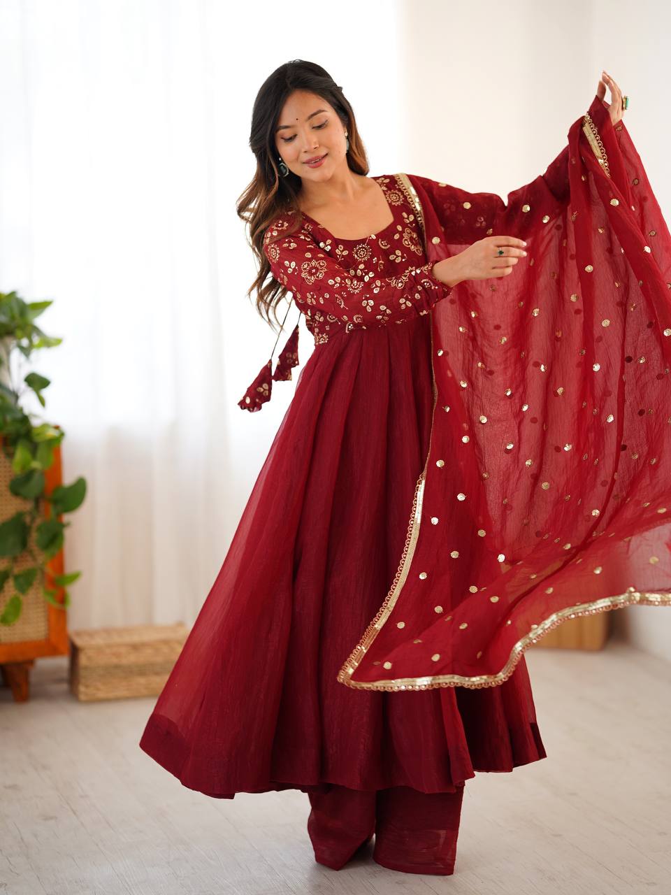 Maroon Premium Crunchy Silk with Lace Border Anarkali Kurta With Plazzo Set