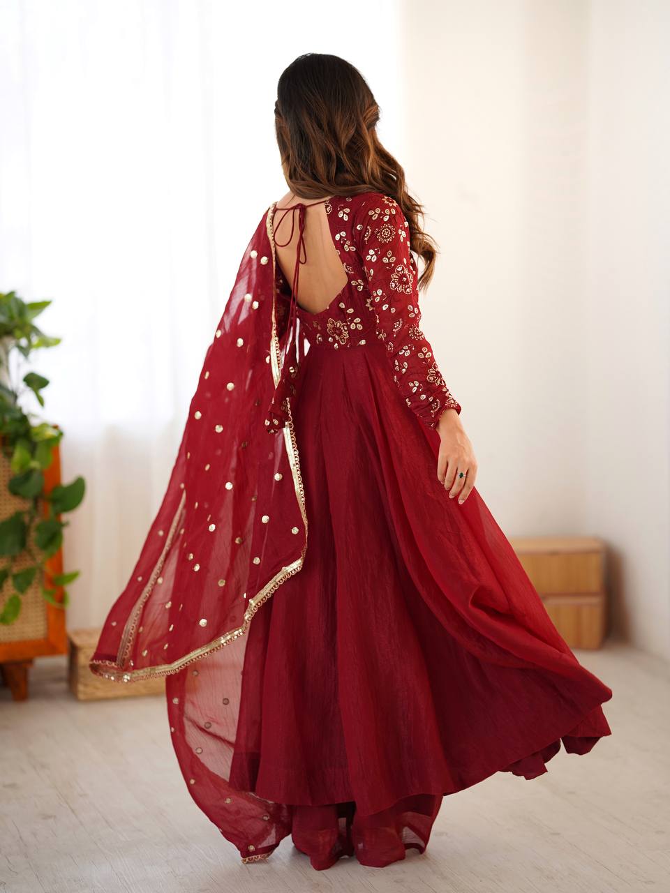 Maroon Premium Crunchy Silk with Lace Border Anarkali Kurta With Plazzo Set