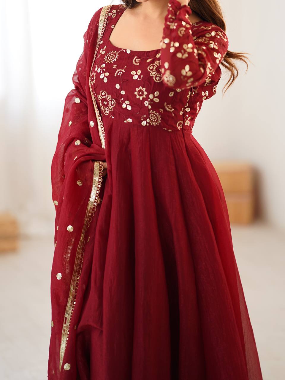 Maroon Premium Crunchy Silk with Lace Border Anarkali Kurta With Plazzo Set